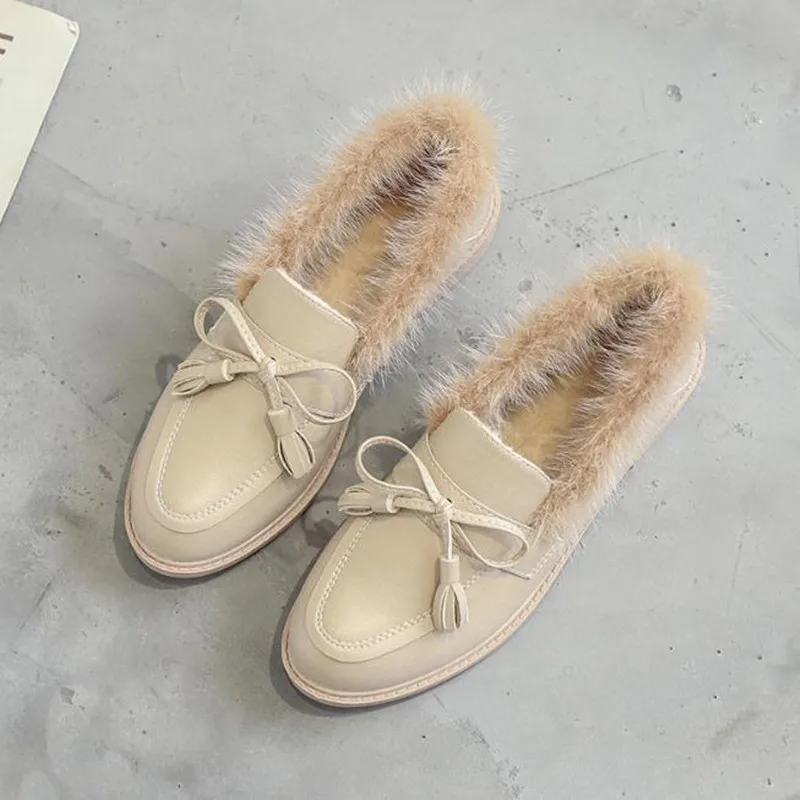 Beige Обувь на плоской подошве г. Женская зимняя бархатная обувь большой размер 34-41 лоферы с бантом, повседневная обувь женская обувь Дамская обувь - Цвет: Beige