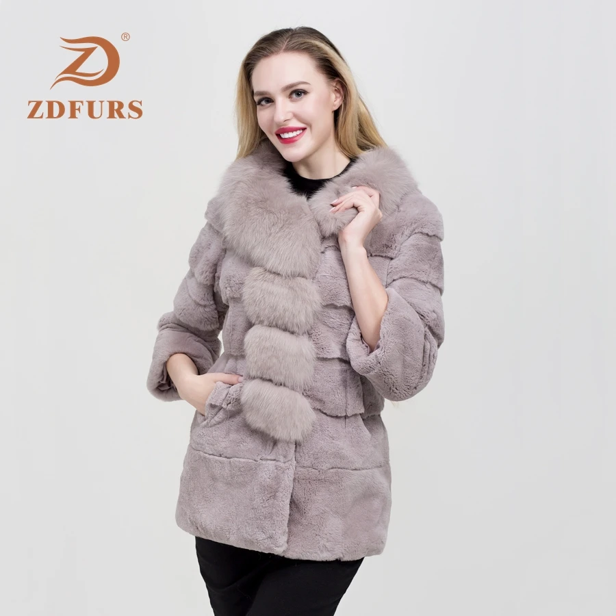 ZDFURS* шуба из кролика рекс из цельной кожи женская зимняя Новинка большой Лисий меховой воротник длинный абзац девять точек рукав пальто Меховая куртка - Цвет: GREY