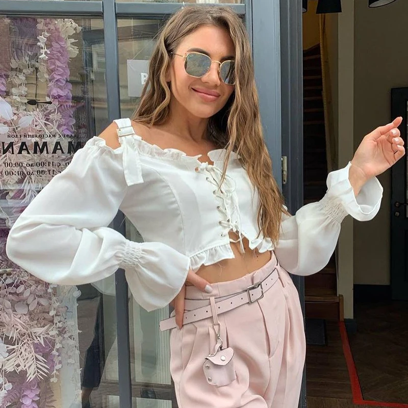 

Spring and Autumn Tie Up Front Chiffon T Shirt Women Elegant Flare Long Sleeve Slash Neck Cropped Top Cute Ruffle Tees Iamhotty