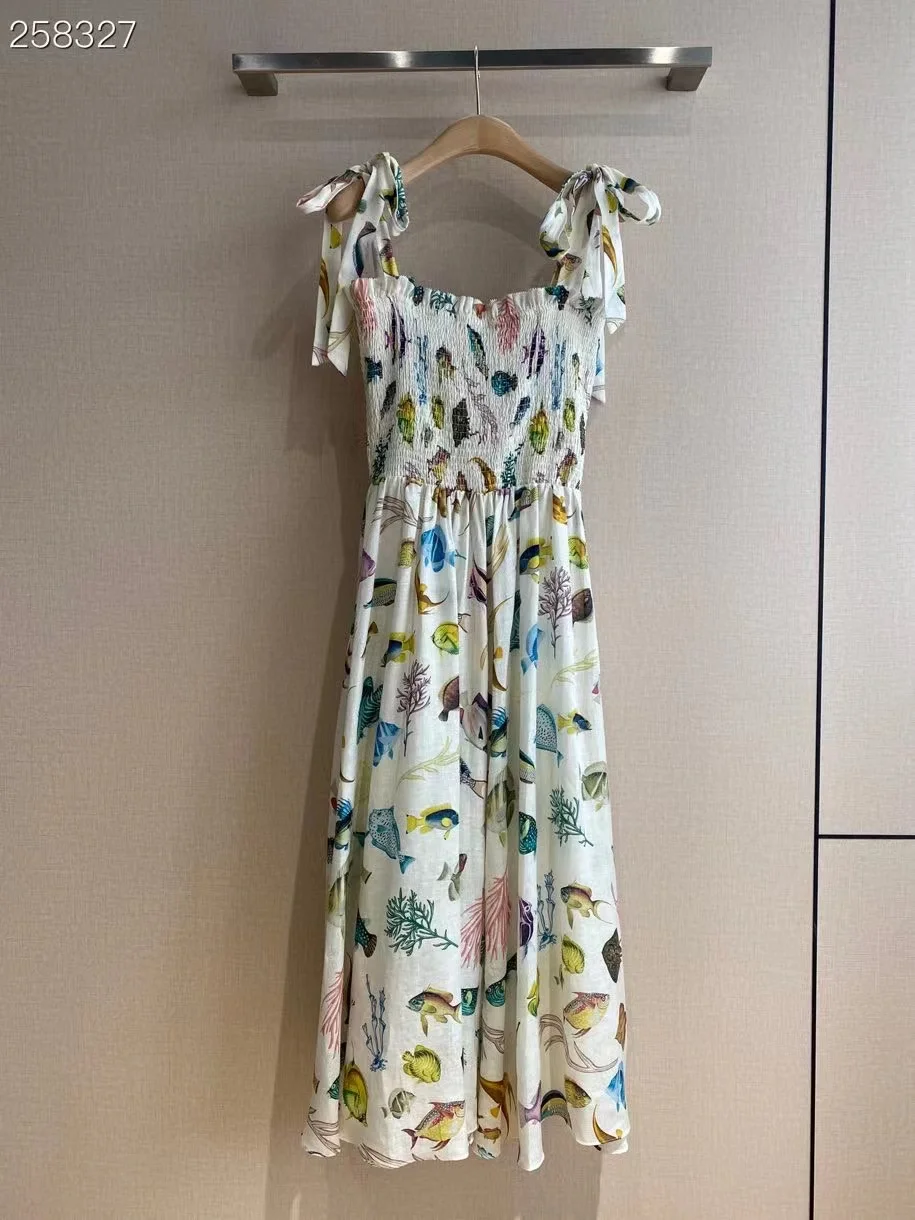 

Fyion Runway Fashion Women Long Dress Summer Spaghetti Strap Flowers Print Waist Elastic Elegant Beach Sexy Dresses