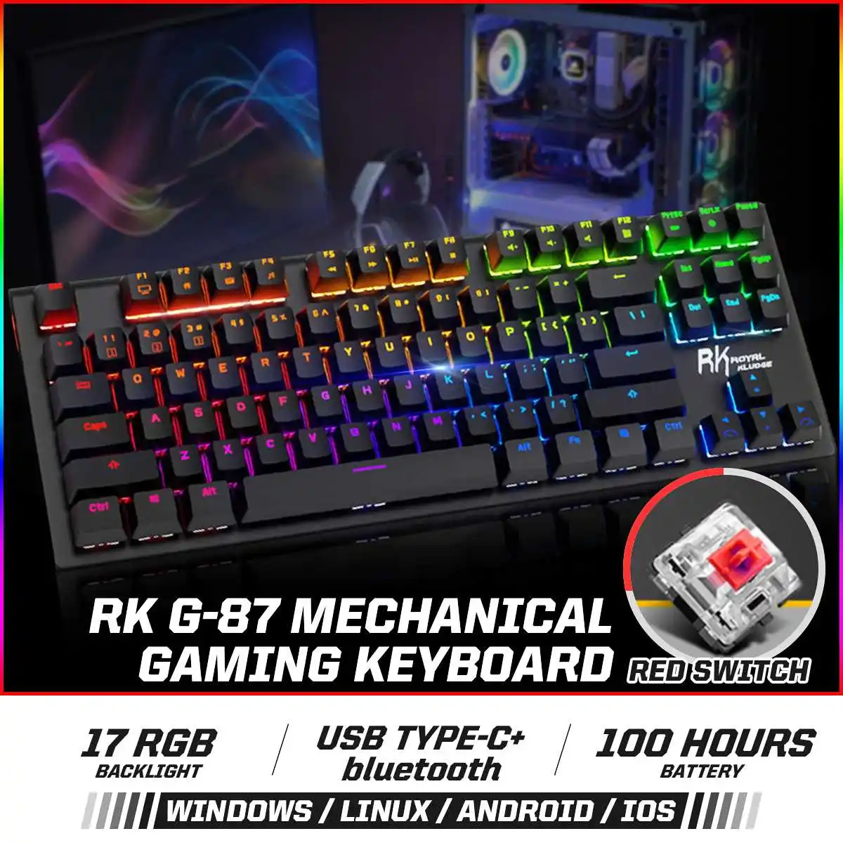 

Игровая клавиатура G87 RK, Проводная Механическая клавиатура с RGB подсветкой, Двухрежимная, Bluetooth, для ПК и ноутбуков