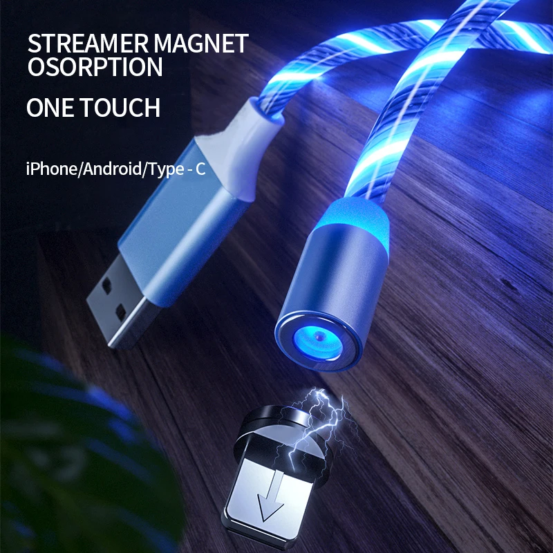 Светящееся освещение потока Магнитный usb-кабель для iPhone XR X 7 8 Micro type C зарядное