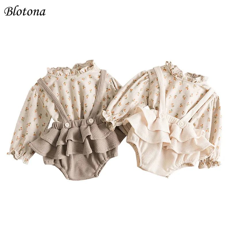 

Blotona Baby Girls 2Pcs Spring Fall Outfits, Long Sleeve Floral Tops + Solid Color Ruffled Suspender Shorts Set, 6Months-3Years