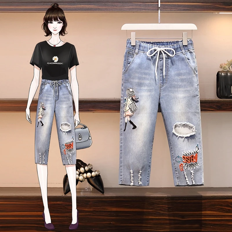 

Loose Casual Embroidery Patch Calf-Length Pants Women Elastic Waist Korean Style Denim Pants Female Streetwear Leisure Jeans