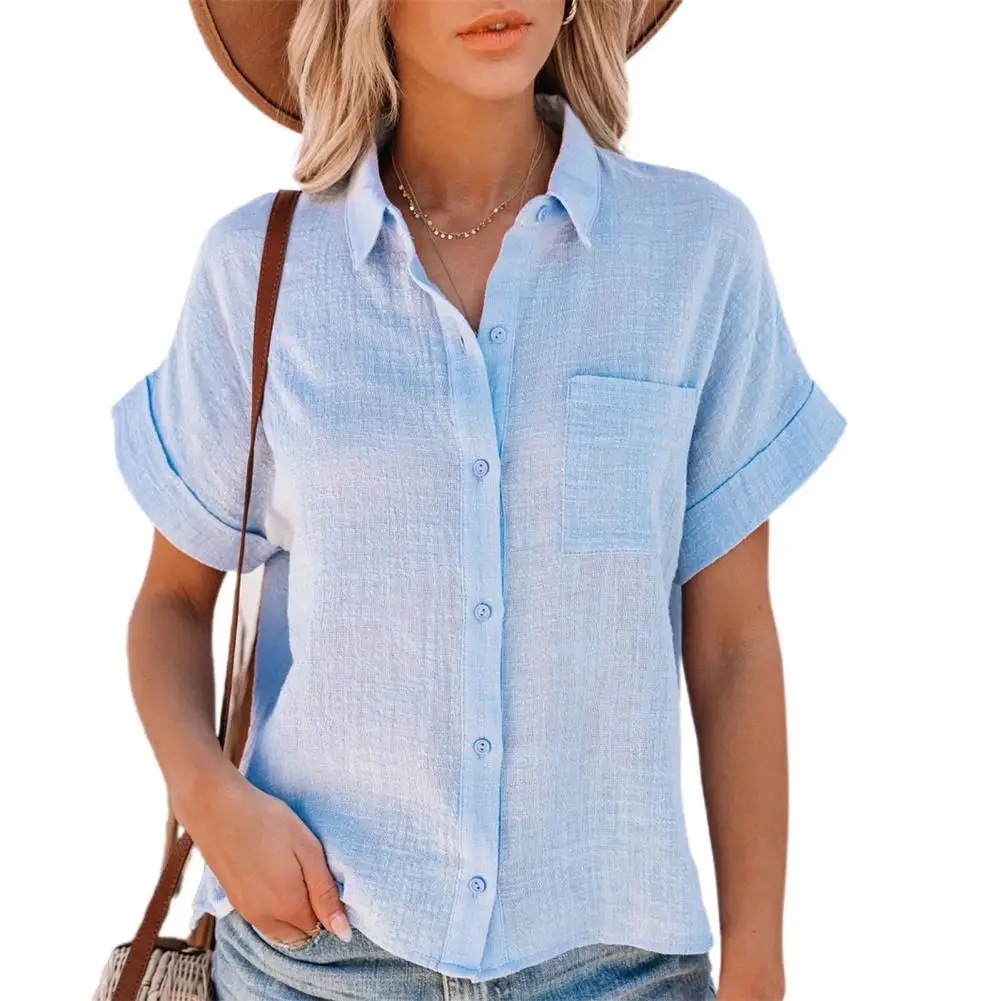 

Women Summer T-Shirt Elegant Solid Color Side Slit Popular Thin Loose Top Turn-down Collar Plus Size Casual T-Shirts 2021 New
