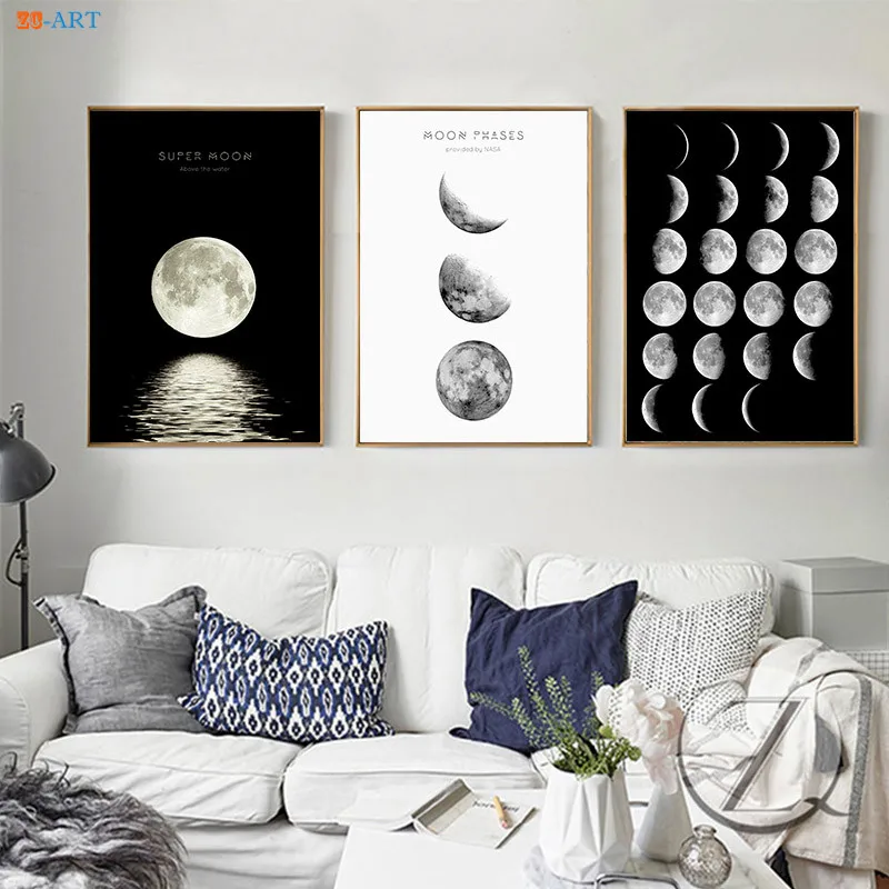Плакаты и принты Moon настенные минималистичные картины на холсте черно белые для