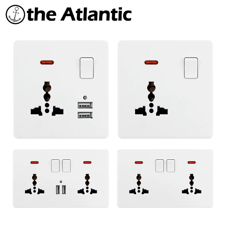 

Universal Power Socket 3 Pins 13A Dual USB Ports LED Indicator Single Double Wall Outlet White Plastic 86 146 Type EU DE FR