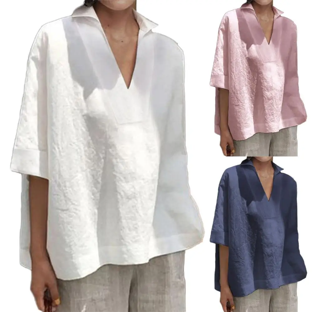 

Women Summer Casual Solid Color Deep V Neck Half Sleeve Loose Shirt Blouse Top