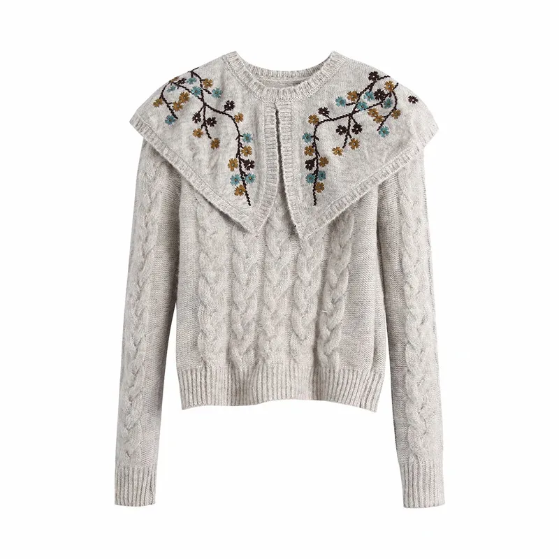 

Autumn Winter Women Fashion Embroidery Collar Za Gray Knitted Pullover Tops Female Casual Long Sleeve Turn-Down Collar Sweaters