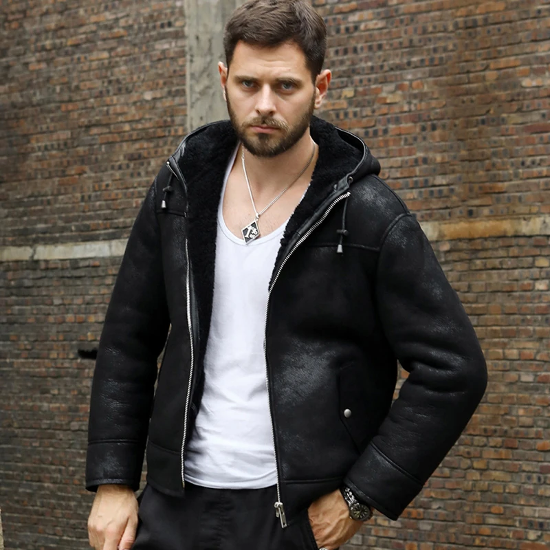 Denny&ampDora New Mens B3 Shearling Jacket Black Leather Hooded Fur Coat Short Sheepskin Winter Coats