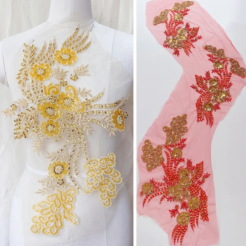 

1 Piece Handmade Beads Wedding Dress Applique DIY Ivory White Red Lace Collar Lace Fabric Patch Stage Clothing Material