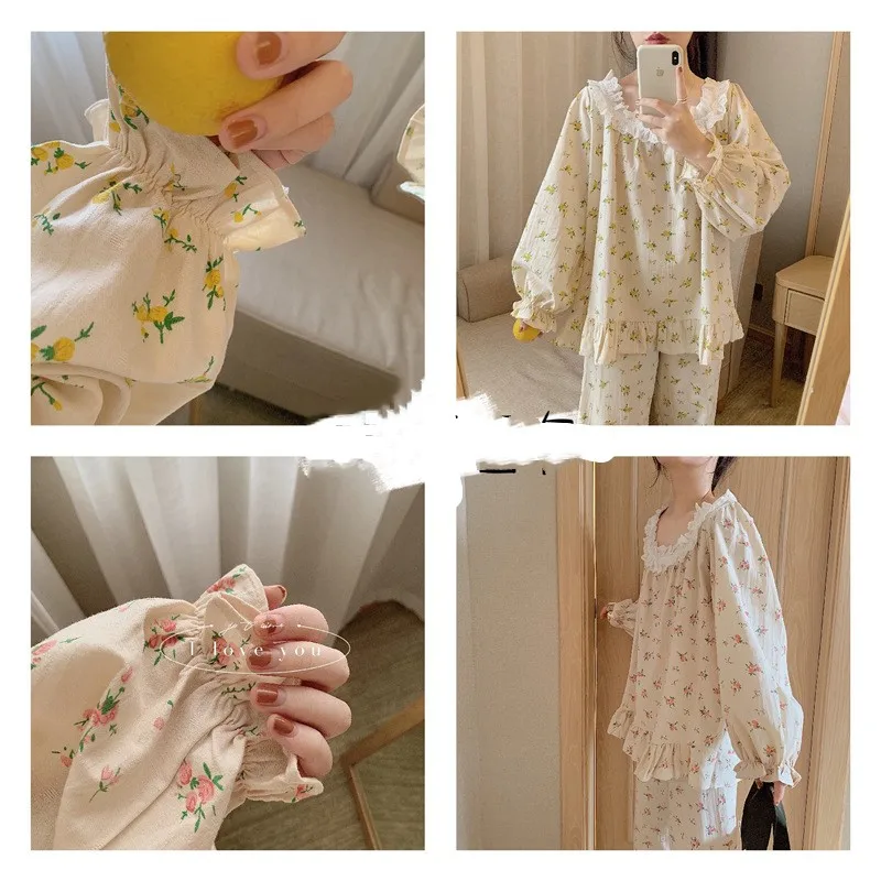

XIFER Korean Version of Cotton Gauze Round Neck Pajamas Korea Ins Women's Autumn Long-sleeved Hedging Floral Home Service Suit