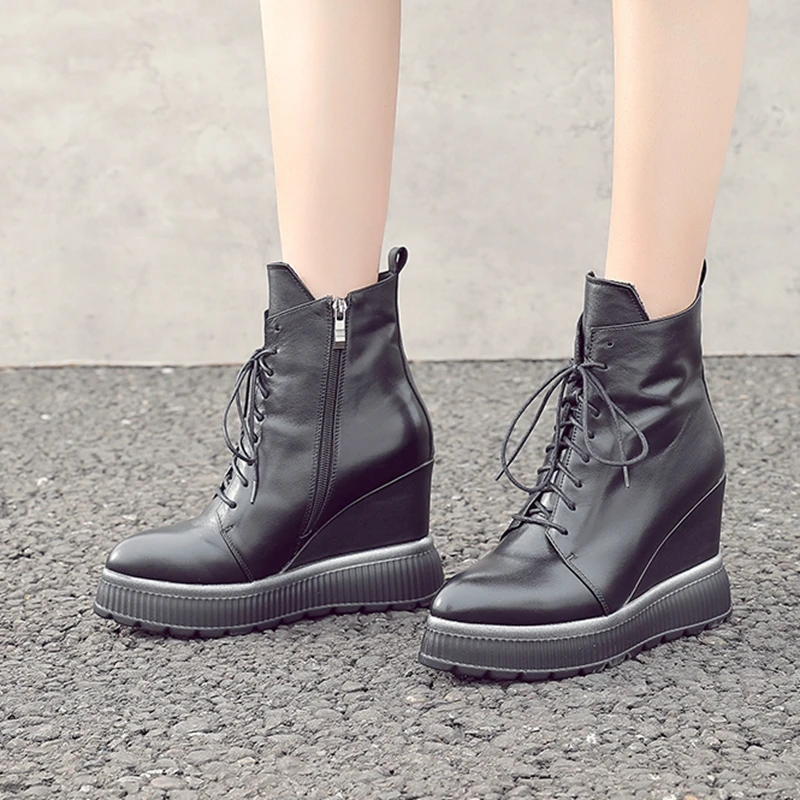 

WETKISS Cow Leather Boots Women Elevator Ankle Boot Female Wedges High Heels Shoes Ladies Platform Casual Shoes Women Winter
