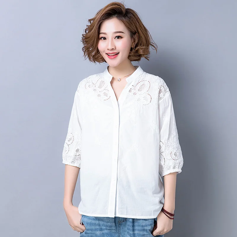Летняя женская белая рубашка блузка из чистого хлопка Корейская одежда рубашки