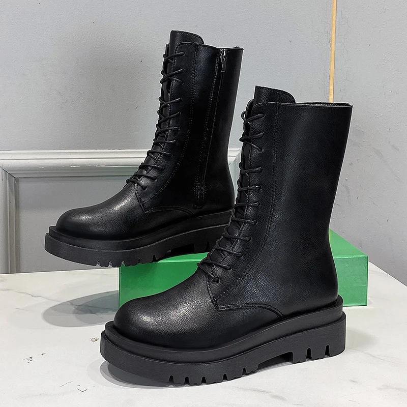 Женские кожаные ботинки на платформе Черные ботильоны в готическом стиле