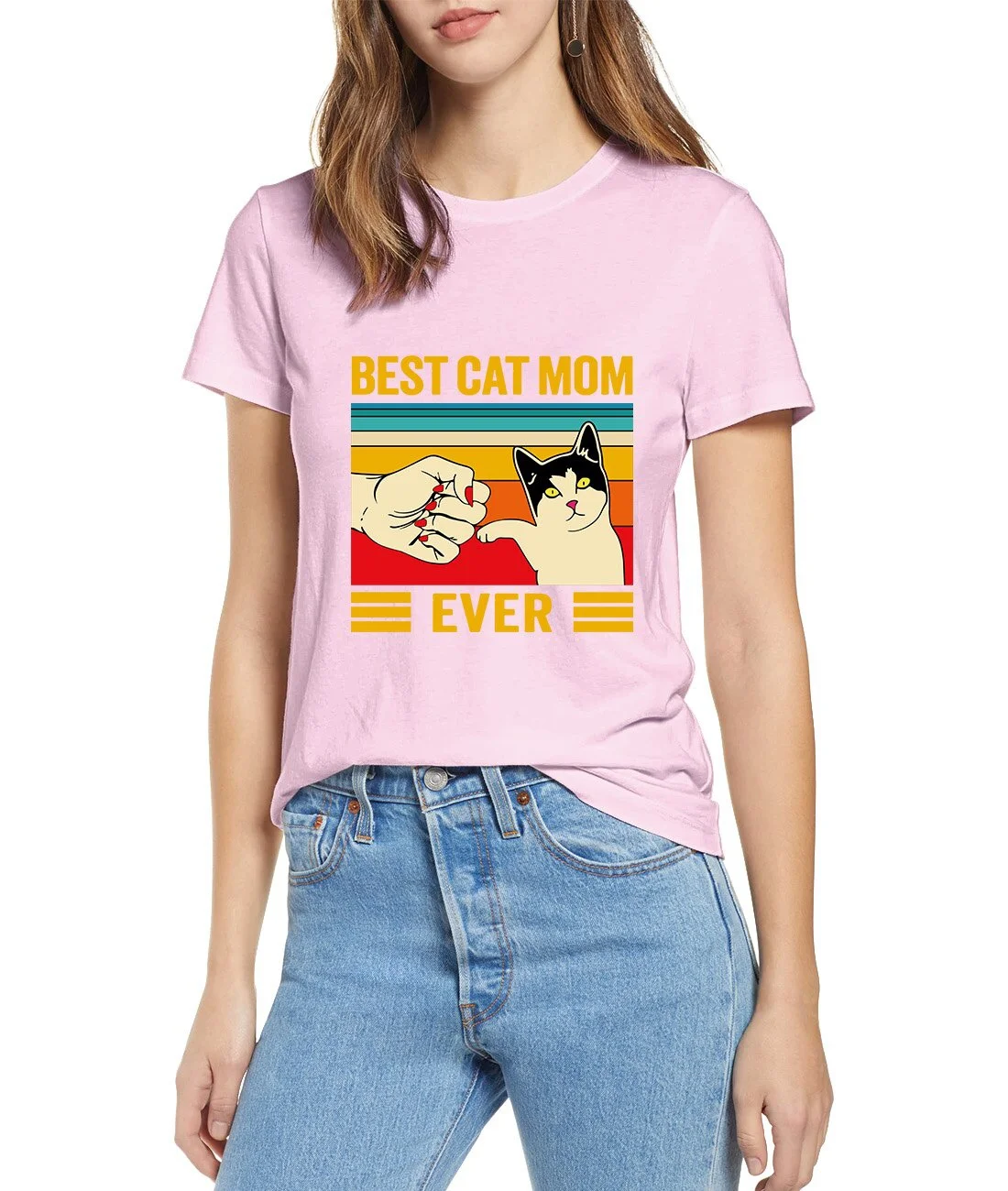 

VIP HJN Vintage Best Cat Mom Ever Fist Bump Cotton T-Shirt Mother's Day Gift Short Sleeve Tee Printed T-shirt