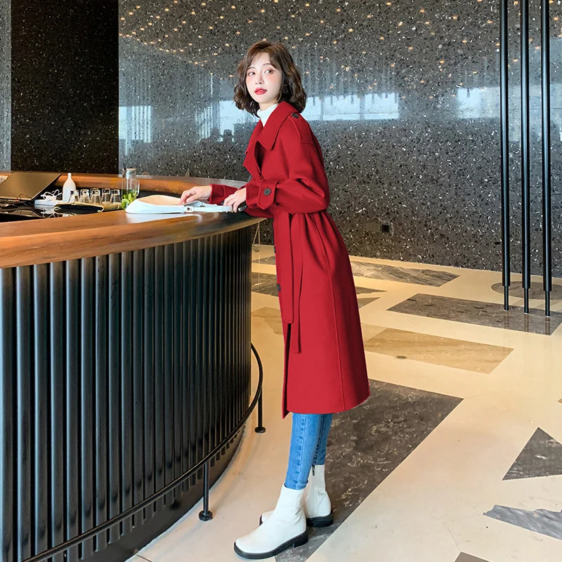 

Женское шерстяное пальто средней длины на осень и зиму, новинка 2021, Корейская версия, нежное высококачественное шерстяное пальто для малень...