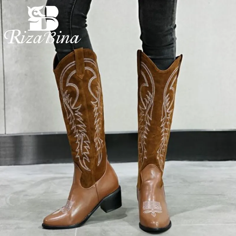 Женские сапоги до колена с вышивкой на среднем каблуке Размеры 33-46 | Обувь