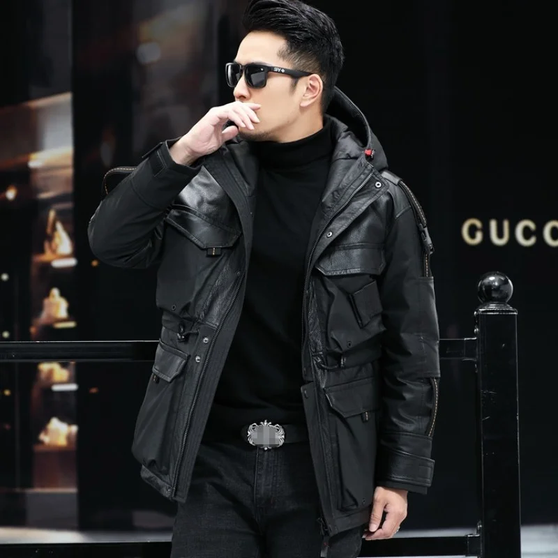 

Luxury winter of royal men from leather down jacket jacket jacket with white duck hood down leather jacket genuine leather
