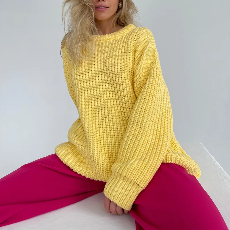 

2021 autumn and winter loose thick color round neck pullover oversized sweater women cashmere solid color fashion sweater women