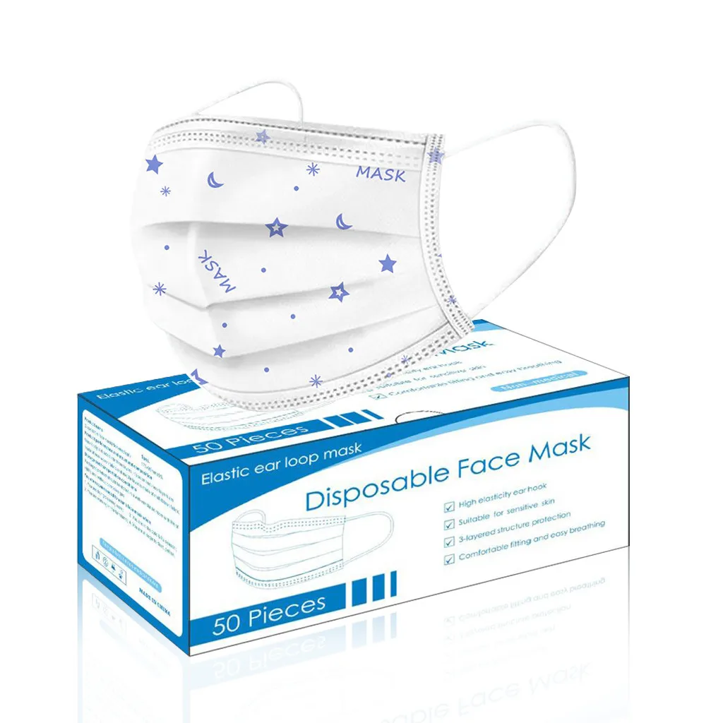 

50PCS Non-woven Disposable Face Mask Fashion Print Breathing Adult Children Mouth Cover Mouth Mask With Design Masque Mariage