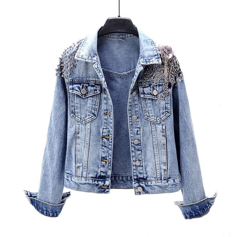 

Autumn Korean Handwork Beading Flowers Short Denim Jacket Coat Women Outerwear Long sleeve Jeans Jackets Female Chaqueta Mujer