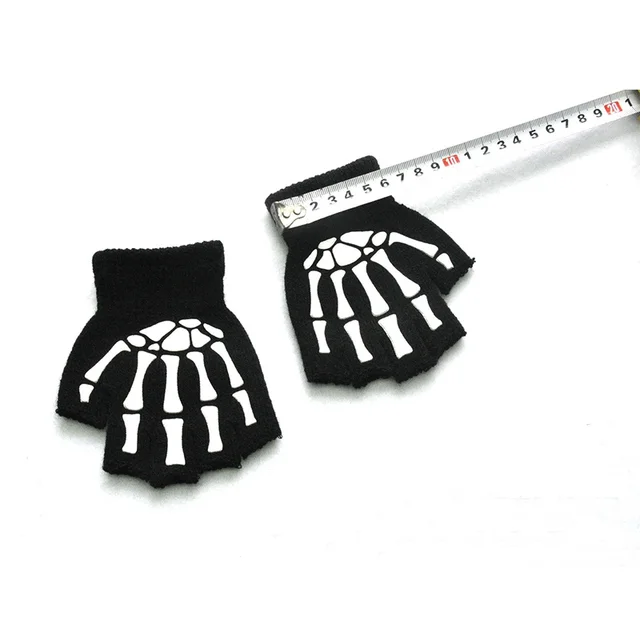 Wecute Knitting Gloves for Children Printing Fluorescent Skeleton Skull 5-11years Half Finger and Full Finger Gloves Cool Autumn 5