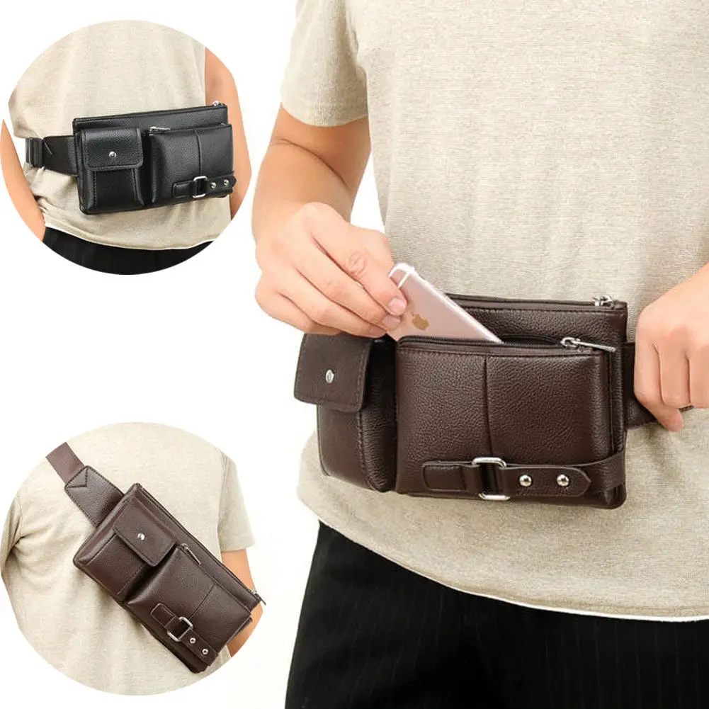 

Men's belt bag classic solid color PU leather waist bag outdoor leisure travel fanny pack purse