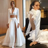 2 pieces satin wedding dress with jacket long sleeve simple white elegant v neck flowers bride dress side split vestido de novia