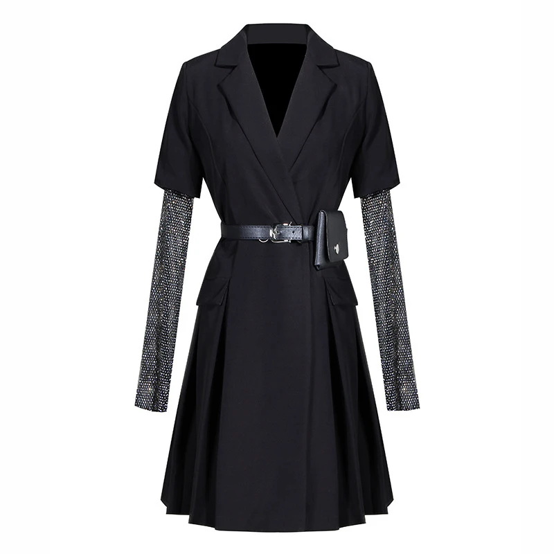 Женское платье-блейзер [EWQ] черное платье с длинным рукавом украшенное стразами в