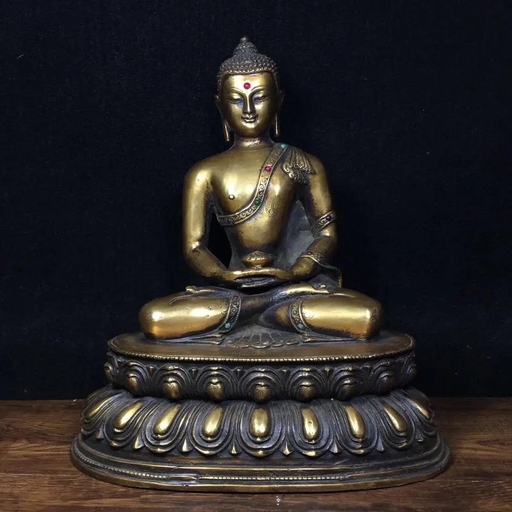 

11" Tibet Buddhism Temple Bronze inlaid with gems Shakyamuni Buddha Statue Buddha statue Amitabha Buddha Statue