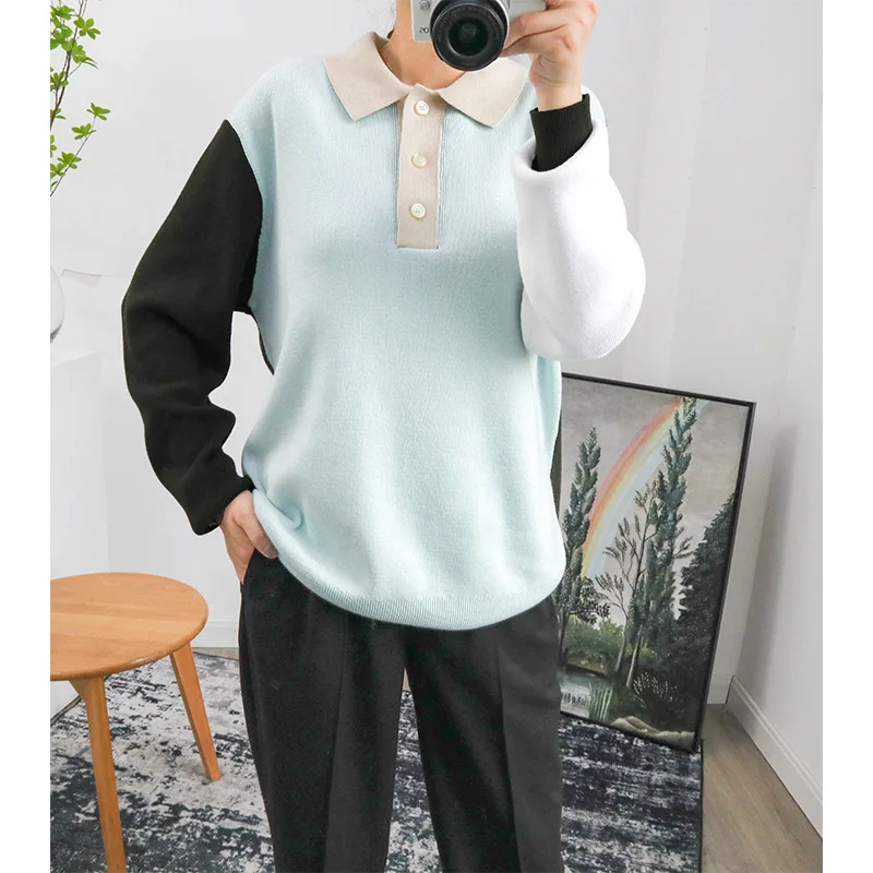 

Women Turn-down Collar Sweater Long Sleeve Color Patchwork Simple Autumn New Female Top