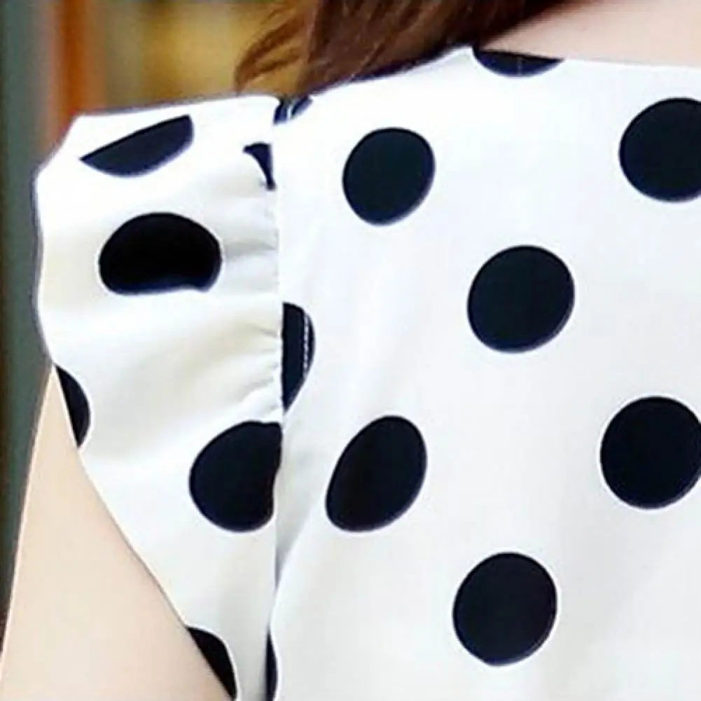 

2021 Fashion Women Chiffon Blouse Summer Casual Polka Dot Round Neck Short Sleeve Shirt Black White Fresh Cute Style Top