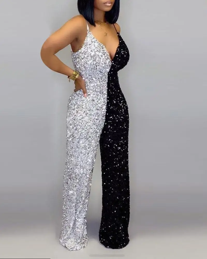 

Glitter Colorblock Insert Spaghetti Strap Sequins Jumpsuit