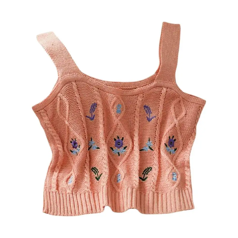 

Short knitted embroidered floral vest camisole top L3O9