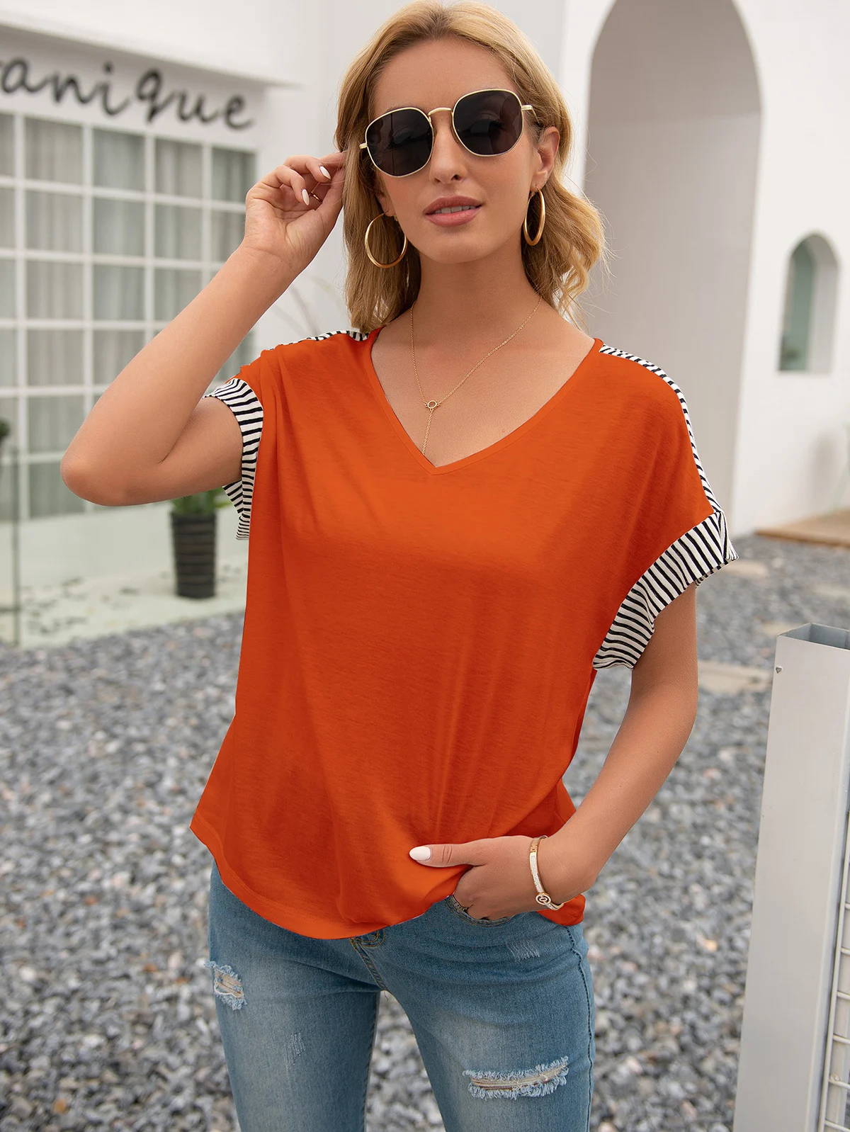

Summer blouse women's striped Mosaic V-neck short sleeve loose T-shirt blouse Short sleeve printed loose everyday top design clo