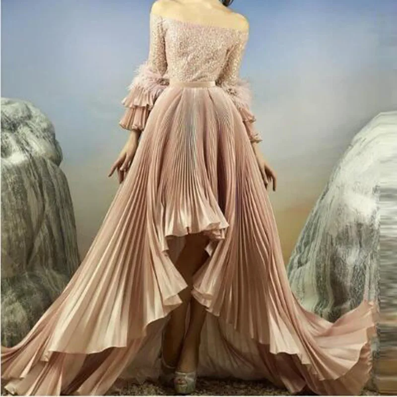 

Custom Made Hi Low Prom Gowns Pleated Long Sleeves Prom Gowns Sequin Top Vestido de festa Formal Dress Champagne robe de soiree