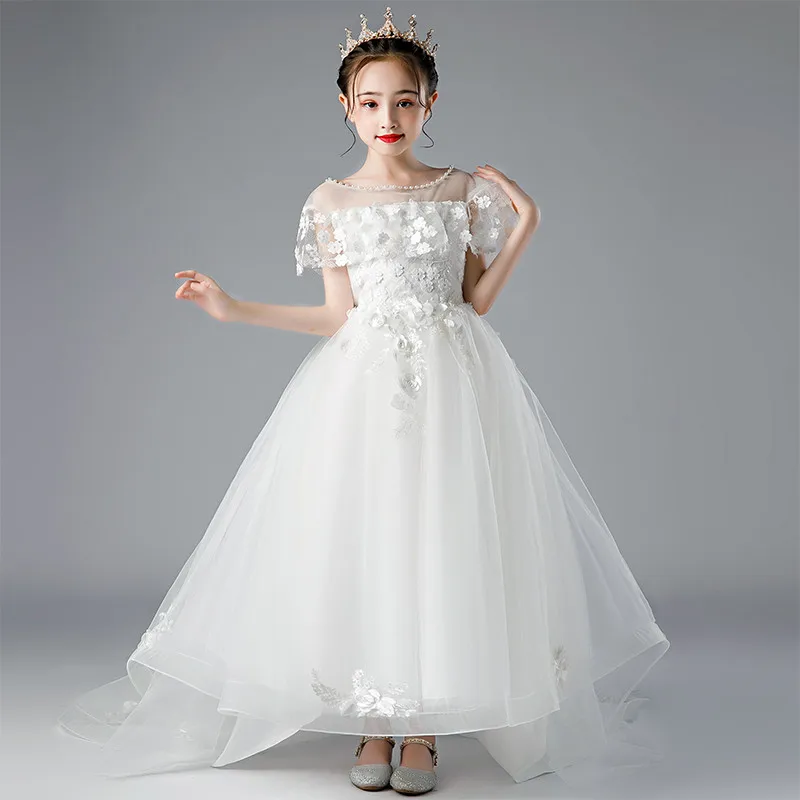 Children Girls Elegant white Color Model Performance Princess Dress Kid Teens Fashion Evening Wedding First Communication Dress