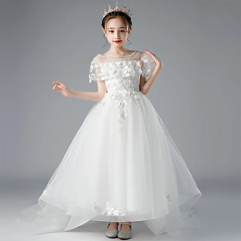 

Children Girls Elegant white Color Model Performance Princess Dress Kid Teens Fashion Evening Wedding First Communication Dress