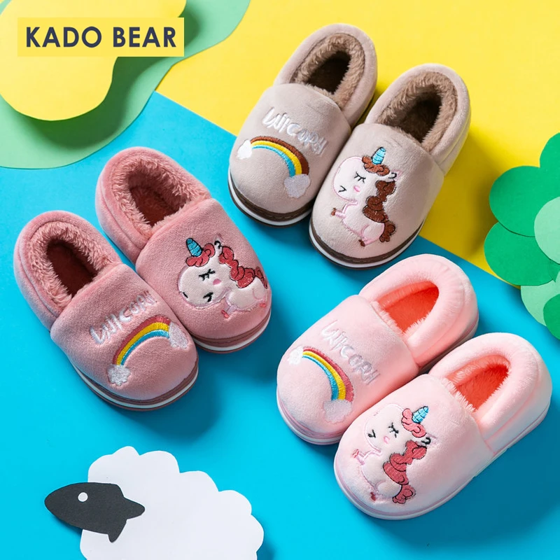 Детская зимняя теплая обувь с плюшевой подкладкой и рисунком единорога мягкие