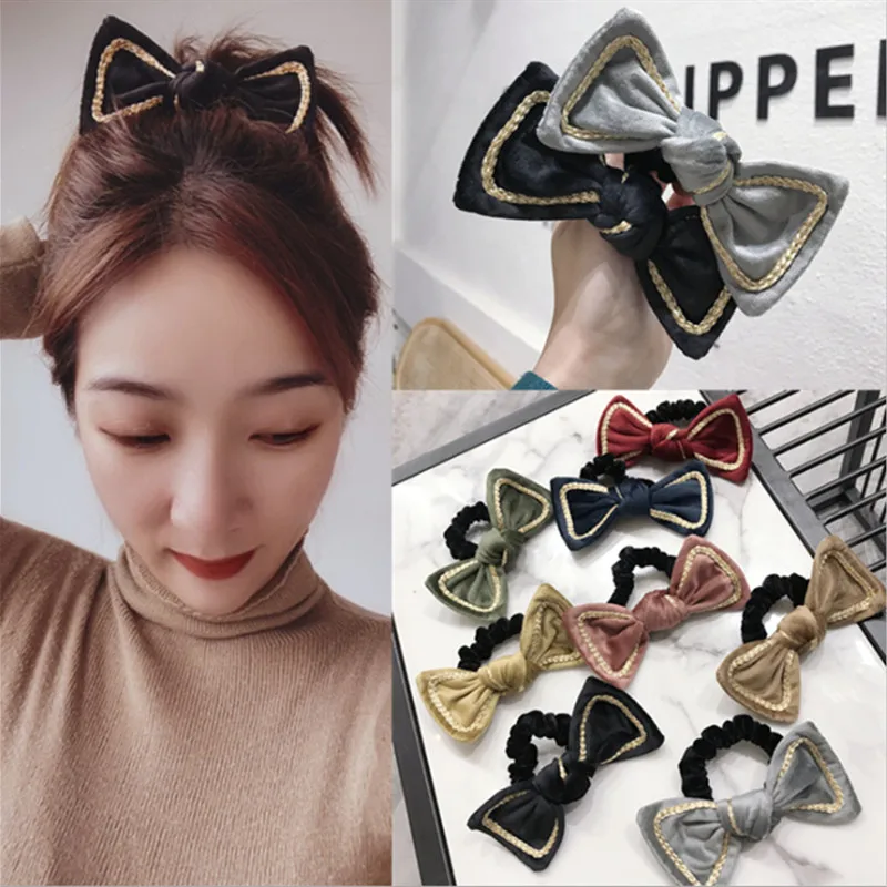 

Fashion hair accessories women gold velvet fabric Phnom Penh big bow high elastic hair rope hair bands rubber band hair headwear