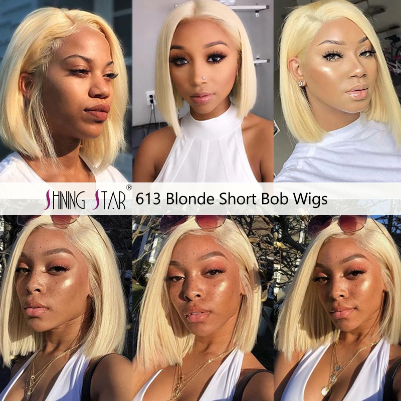Shining Star 613 Blonde Lace Front Human Hair Wigs Short Bob Wig Remy Straight 13*4 Peruvian | Шиньоны и парики