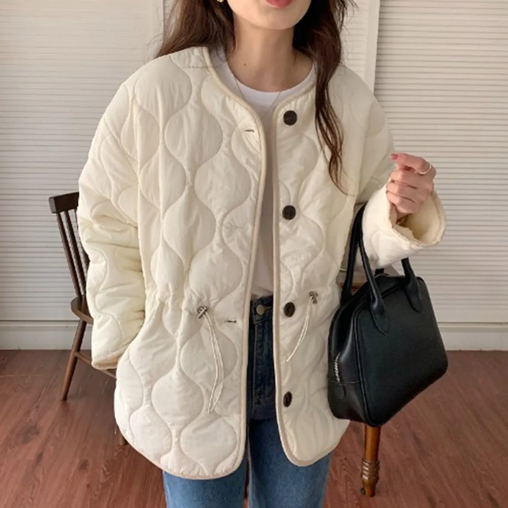 

Новинка 2021 года, утепленная хлопковая куртка с круглым вырезом и тесьмой на талии из ягненка и шерсти