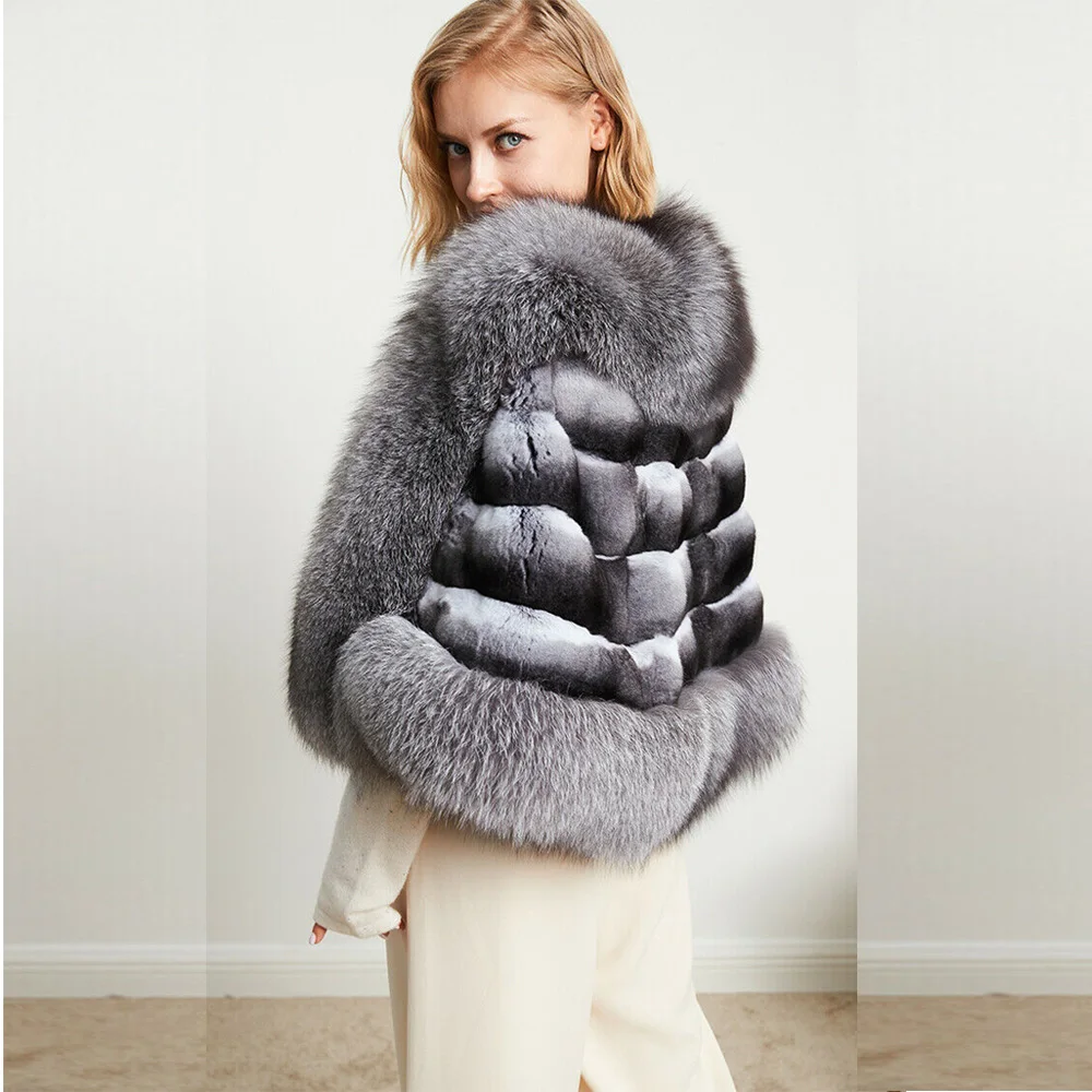 2022 Winter Elegant Women Real Chinchilla Rex Rabbit Fur Banquet Shawl Warm Thick Cape With Natural Fox Fur Womens Winter Coats enlarge