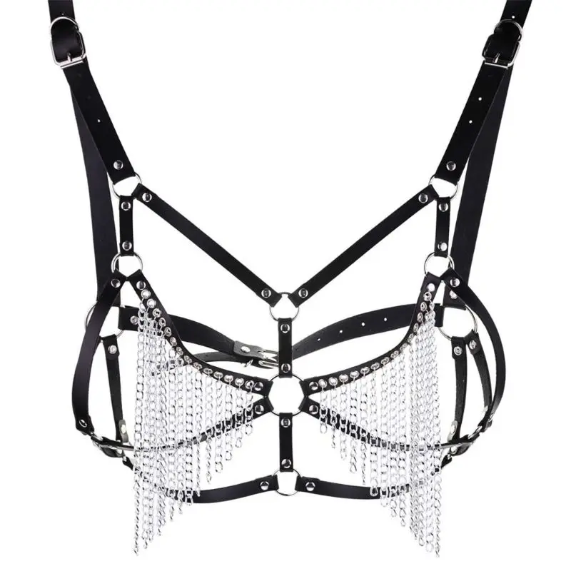 

Womens Faux Leather Chest Harness Punk Rock Metal Chain Tassels Body Caged Bralette Hollow Out Cupless Sexy Clothing Accessories