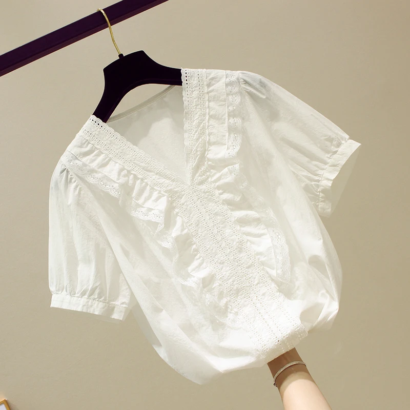 Рубашка женская с V образным вырезом милая белая блузка рукавами фонариками