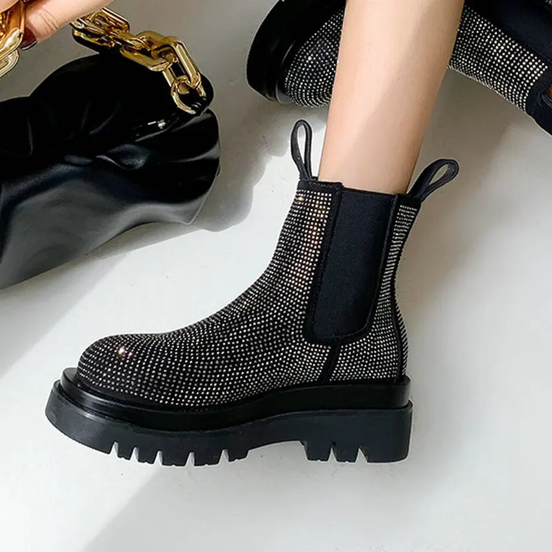 

Retro Thick high Heels platform boots crystal Women Ankle Boots Autumn Winter 2021 Working Casual Genuine Leather Shoes Woman