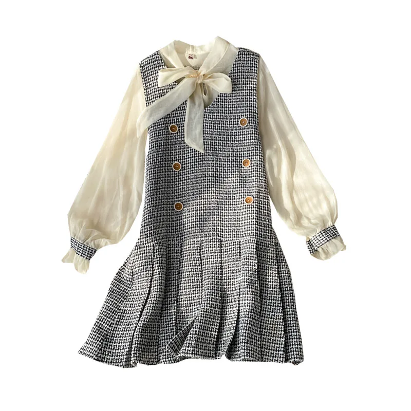 

Spring Autumn Women's Sets Solid Color Bowknot Flared Sleeve Top + Ruffled Plaid Woolen Vest Skirt Dress Two-piece Sets QX890
