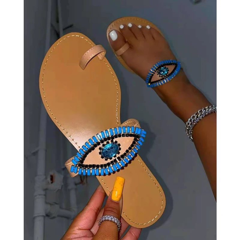 

2021 Summer New Women's Flat Sandals Fashion Rhinestone Slippers Outdoor Leisure Beach Women's Shoes Plus Size