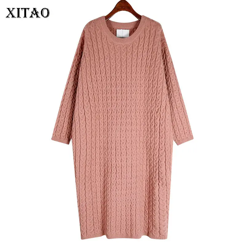 

XITAO, однотонные вязаные платья, модные повседневные пуловеры с круглым вырезом, простые, свободные, темпераментные, средней длины, для женщи...